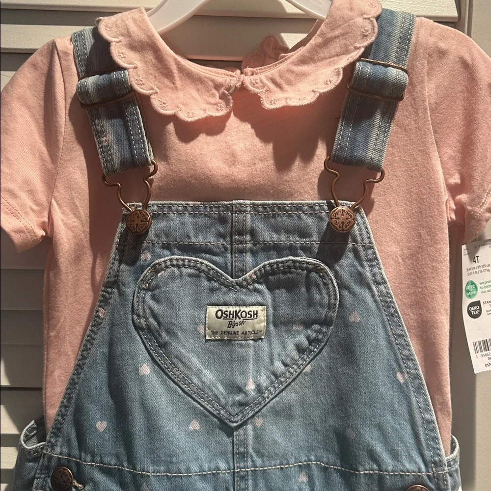Denim overalls with pink hearts. OshKosh B'gosh 4T